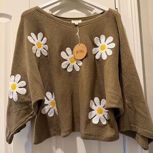 BiBi Brown with White and Yellow Daisy Design Sm. Sweater! Great for Spring 🌸